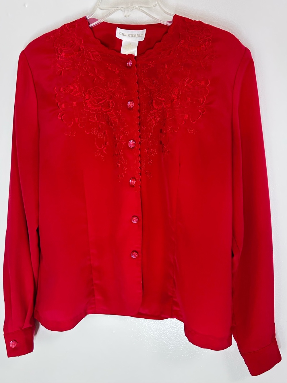 Vintage Christie & Jill Red Floral Embroidered Blouse Button Up LS Top Size 10
